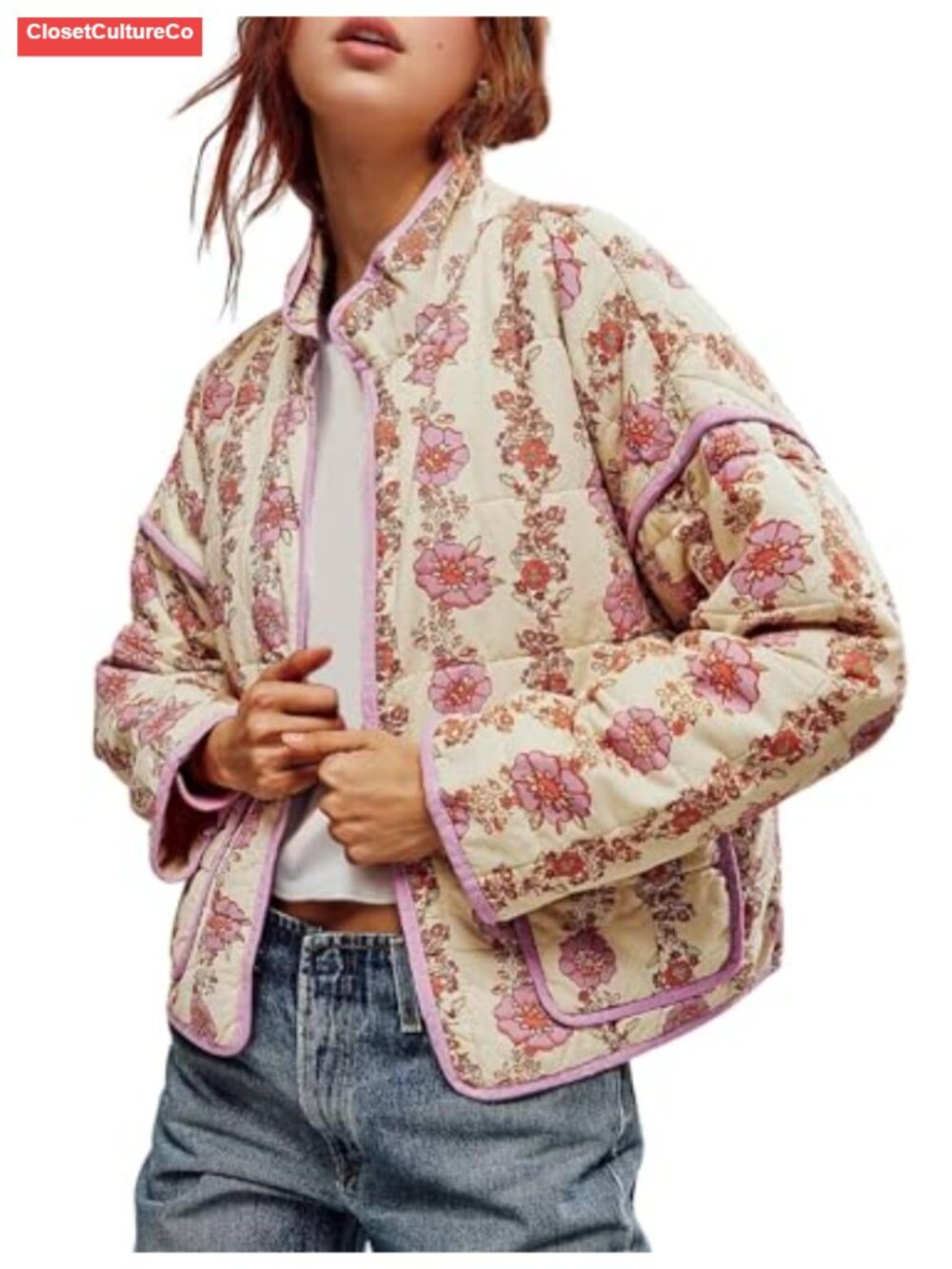 Women's Cropped Quilted Floral Puffer Jacket Open Front Lightweight Coat